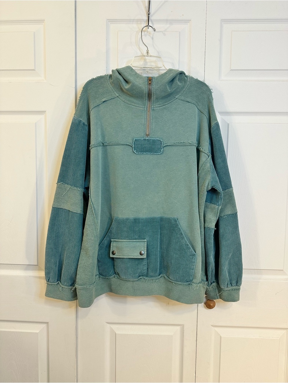 POL Women's Half-Zip Hoodie in Sage Green with Corduroy Panels